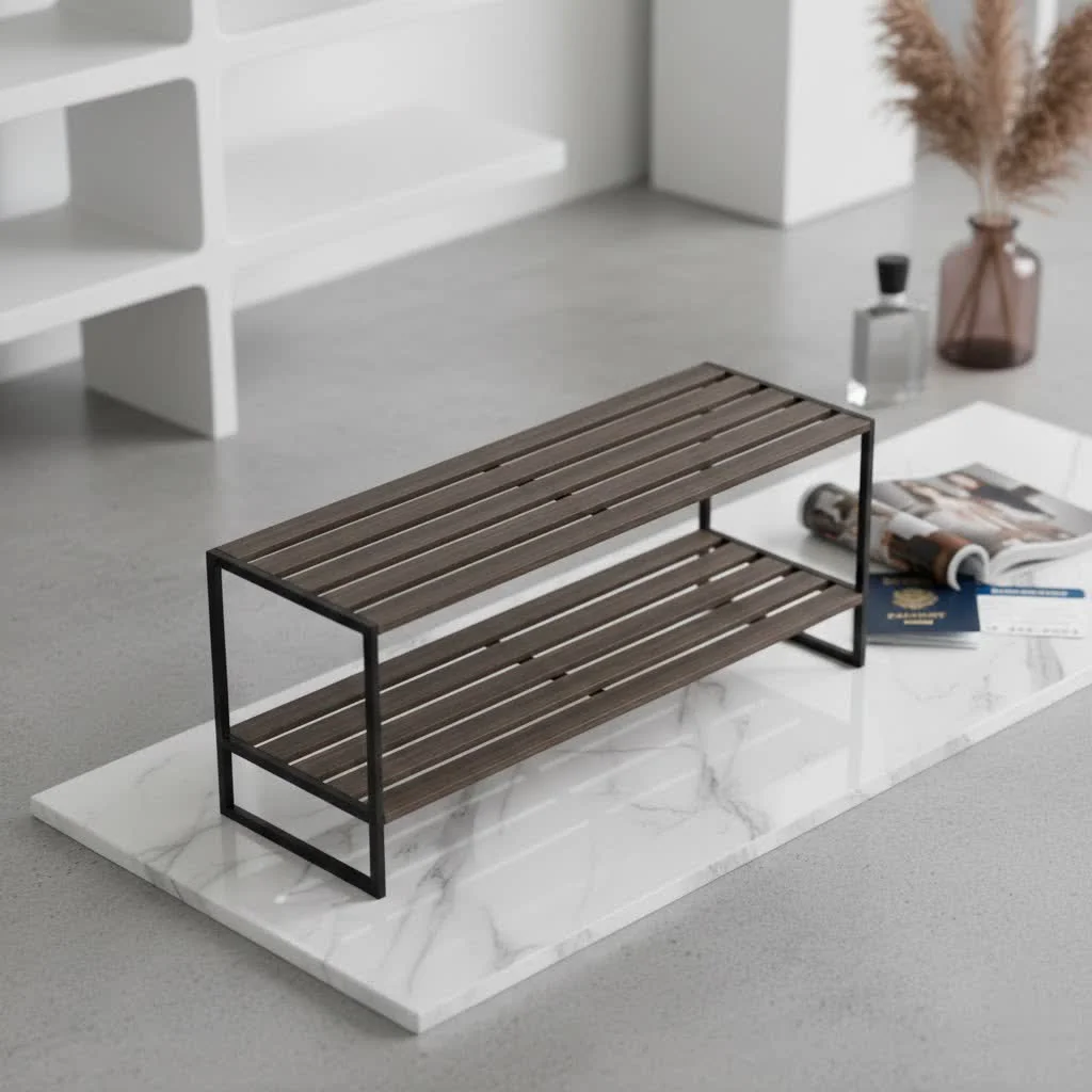 Modern shoe rack in a minimalist entryway