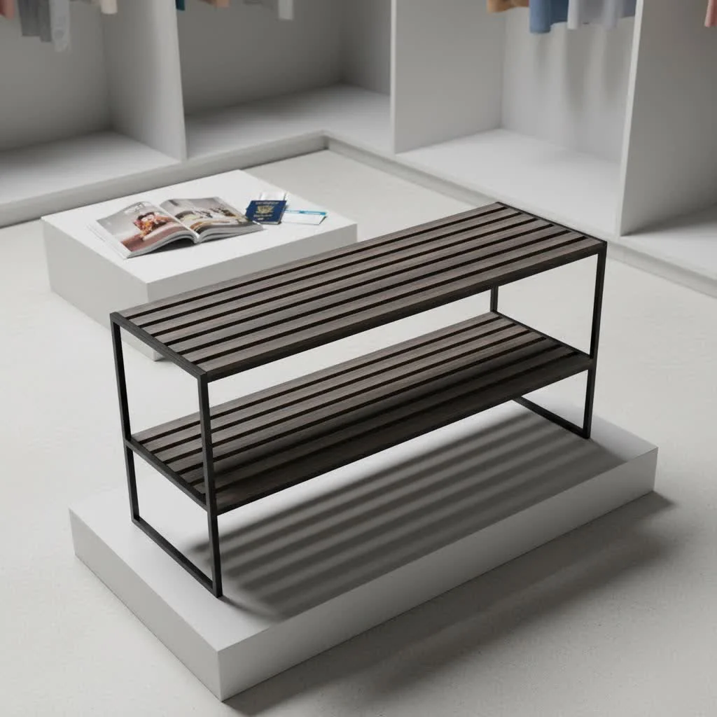 Organized entryway with a stylish wooden shoe rack