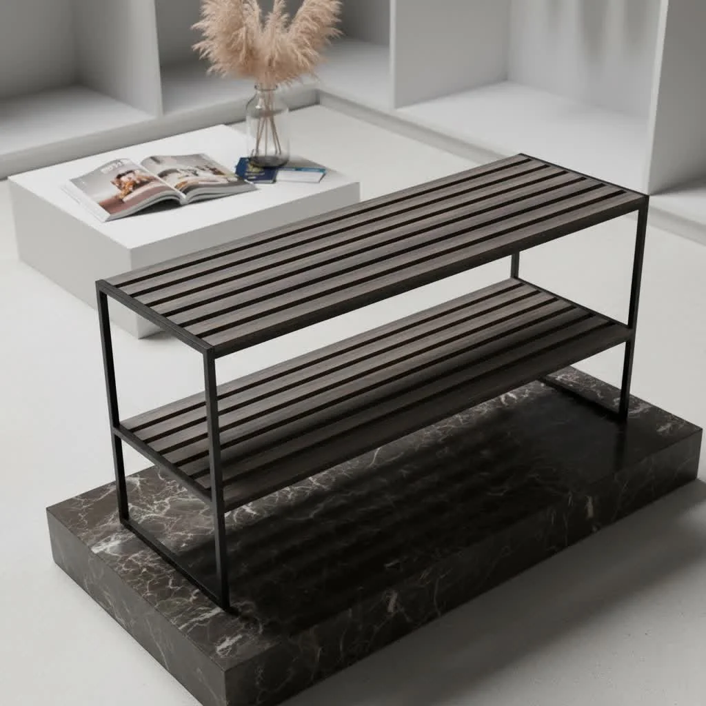 Elegant wooden small shoe rack with multiple tiers holding various shoes